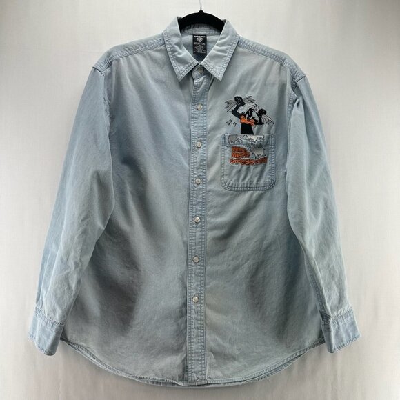 Warner Bros Studio Store Shirt Mens M Button Up Duffy Duck Denim Vtg Light Blue - Picture 1 of 14